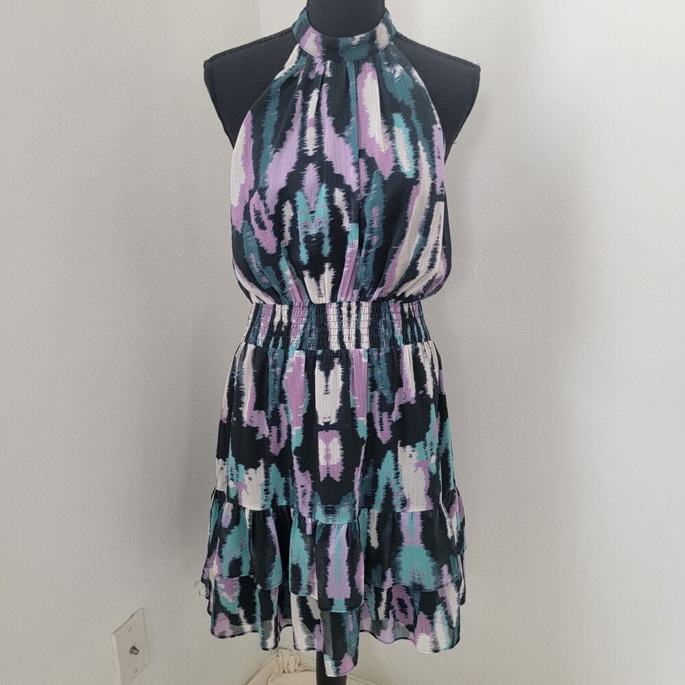 Chelsea 28 Halter Smocked Abstract‎ Tiered A-Line Mini Dress Sz Large Cocktail